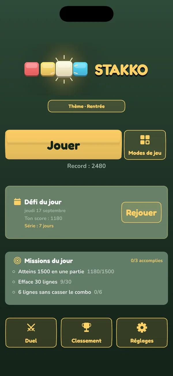 Menu de Stakko : jouer, modes de jeu, défi du jour, missions du jour et duel