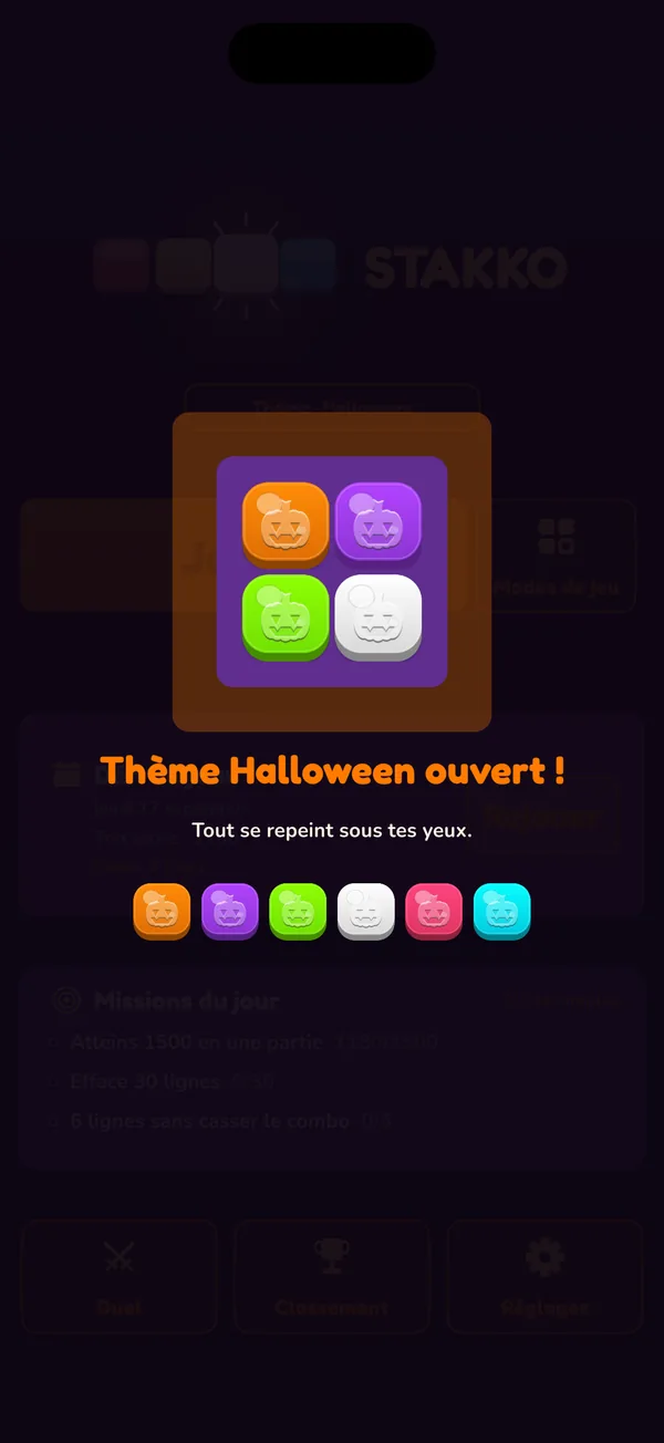 Fête de déblocage du thème Halloween dans Stakko, avec ses pastilles citrouille